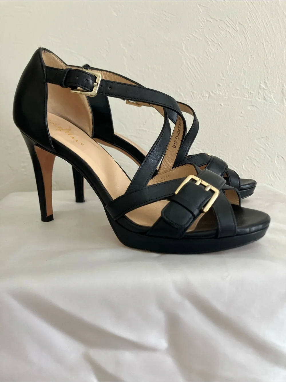 Cole Haan Black Leather Strappy High Heel Sandals with Gold Buckles
